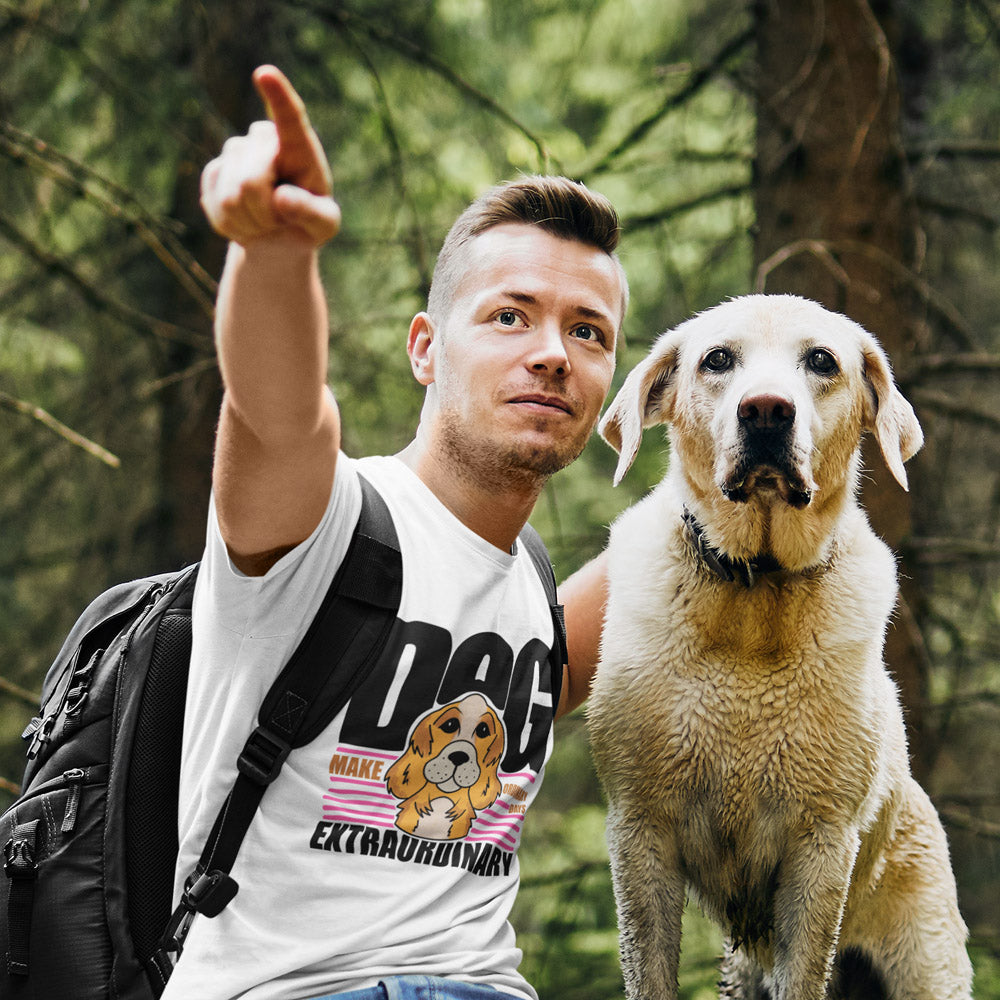 Man matching t shirts for dog and owner